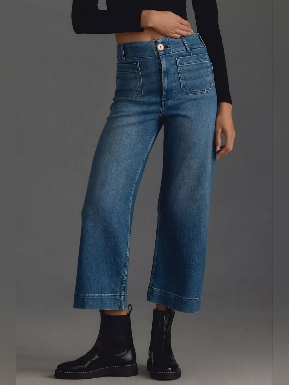 Maeve Medium Blue Wide-Leg Cropped Jeans with Patch Pockets